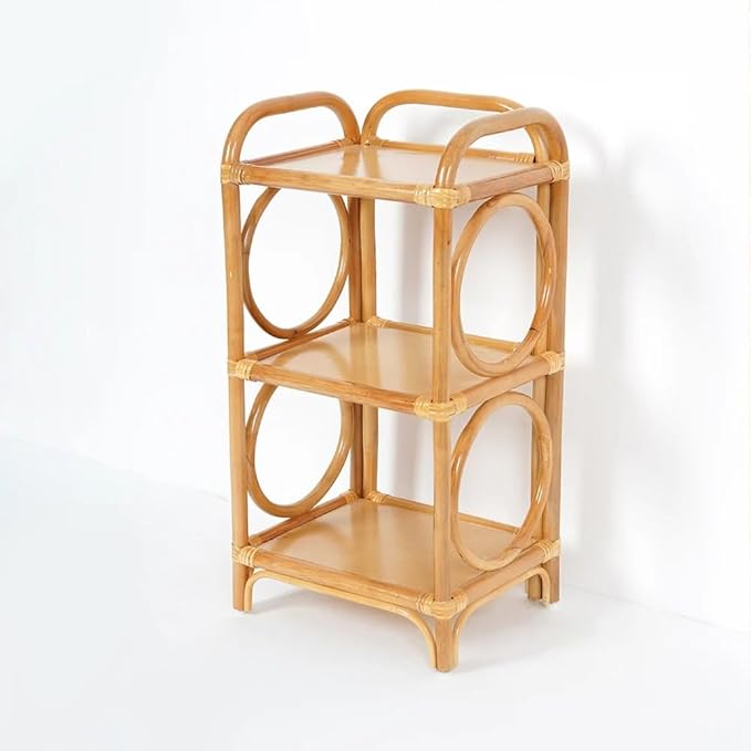 Rattan Cane Storage Rack with 3 Tier Open Shelving and Baskets | Woven Basket Shelves for Home Organization | Wooden Rack,Open Storage Rack